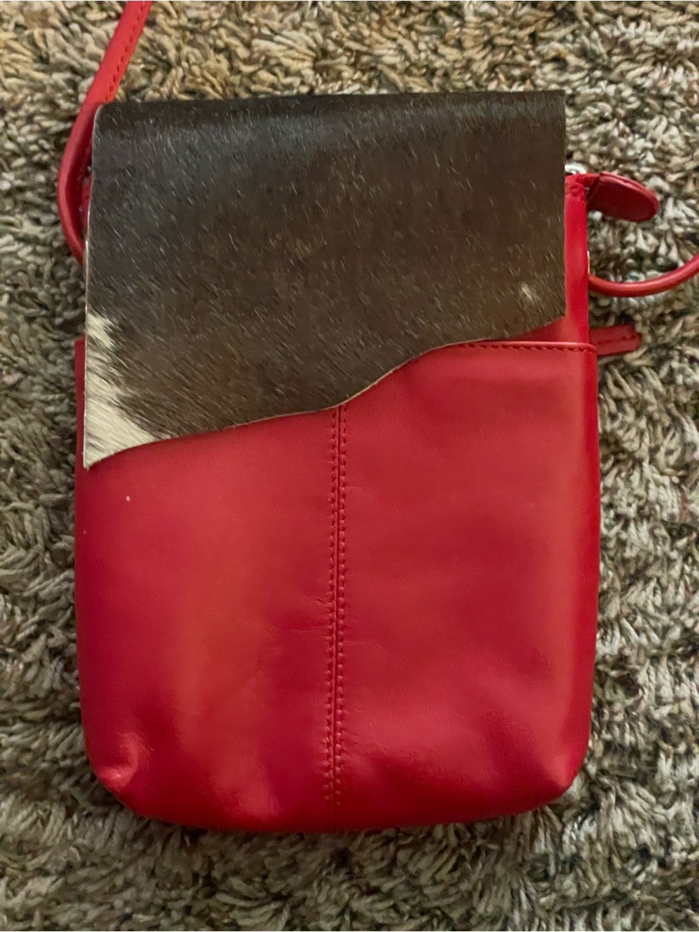 Red Leather Crossbody with Contrasting Dark Haircalf Flap